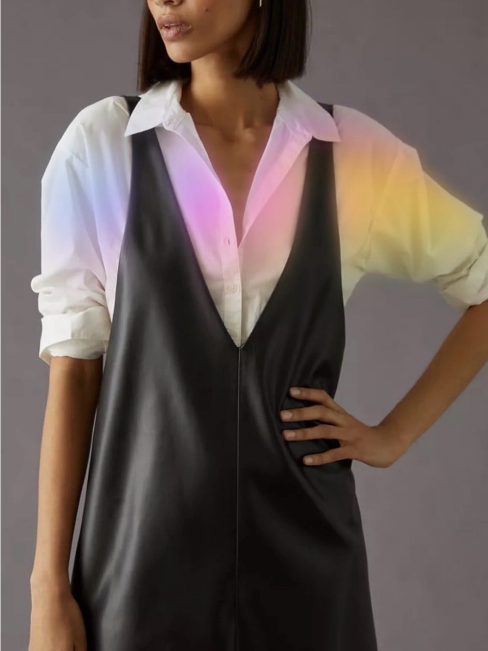 Anthropologie SUNDAY IN BROOKLYN Faux-Leather V-Neck Pinafore Sz L